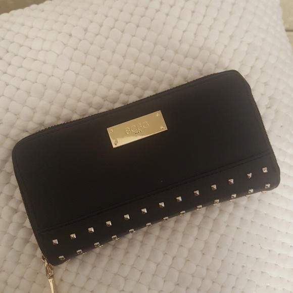 BCBG Handbags - BCBG Black Zipper Wallet with Gold Studs